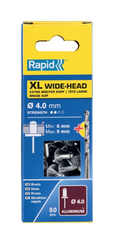 Afbeeldingen van Rapid 4x12mm XL blindklinknagels 50 st. + boor, Blister