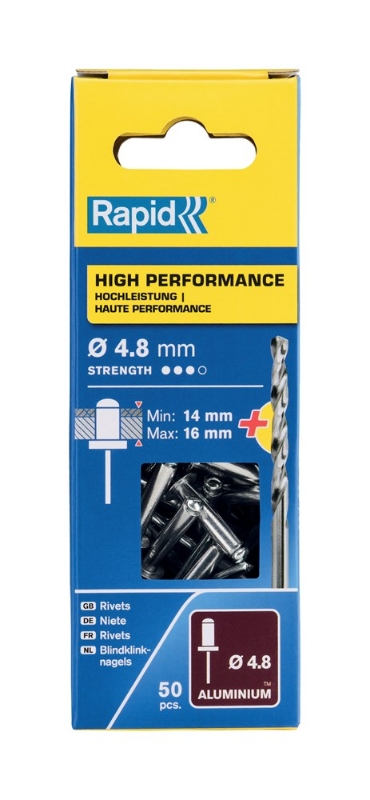 Afbeeldingen van Rapid 4,8x20mm High Performance blindklinknagels 50 st. + boor, Blister