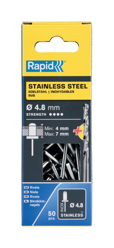 Afbeeldingen van Rapid 4,8x10mm RVS blindklinknagels 50 st. + boor, Blister