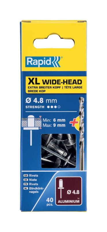 Afbeeldingen van Rapid 4,8x12mm XL blindklinknagels 40 st. + boor, Blister
