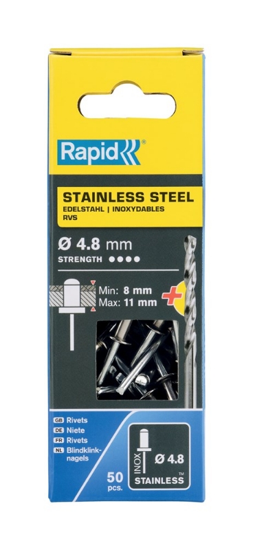 Afbeeldingen van Rapid Blindklinknagels RVS Ø 4,8 x 14 mm incl. Boor 50 st., Box