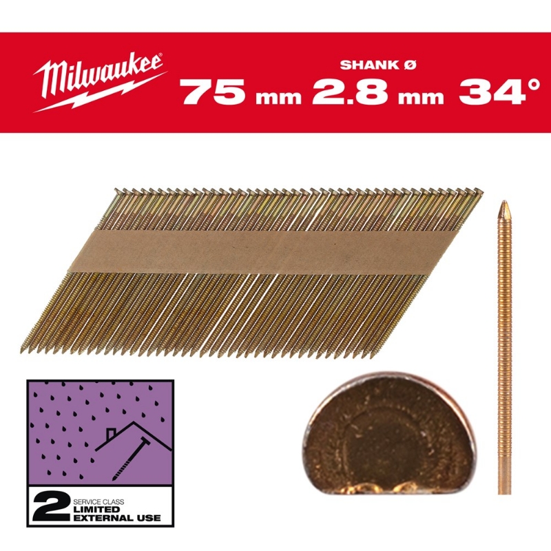 Afbeeldingen van MILWAUKEE® Draadnagels, 34°, D-kop 34° D-Head 75 x 2.8 mm / RS / G / SC2 - 2.200 pc