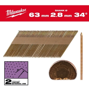 Afbeeldingen van MILWAUKEE® Draadnagels, 34°, D-kop 34° D-Head 63 x 2.8 mm / RS / G / SC2 - 2.200 pc