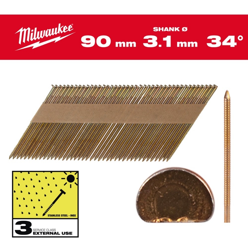 Afbeeldingen van MILWAUKEE® Draadnagels, 34°, D-kop 34° D-Head 90 mm / RS / HDG / SC3 - 2.200 pc