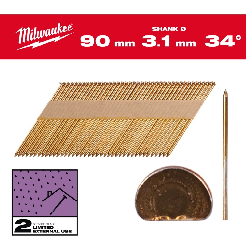 Afbeeldingen van MILWAUKEE® Draadnagels, 34°, D-kop 34° D-Head 90 mm / SS / G / SC2 - 2.200 pc