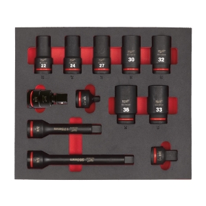 Afbeeldingen van MILWAUKEE® Slagdop SHOCKWAVE 3/4" Lange Doppen in Foam 3/4" Sockets deep foam set 1 (12 pc)