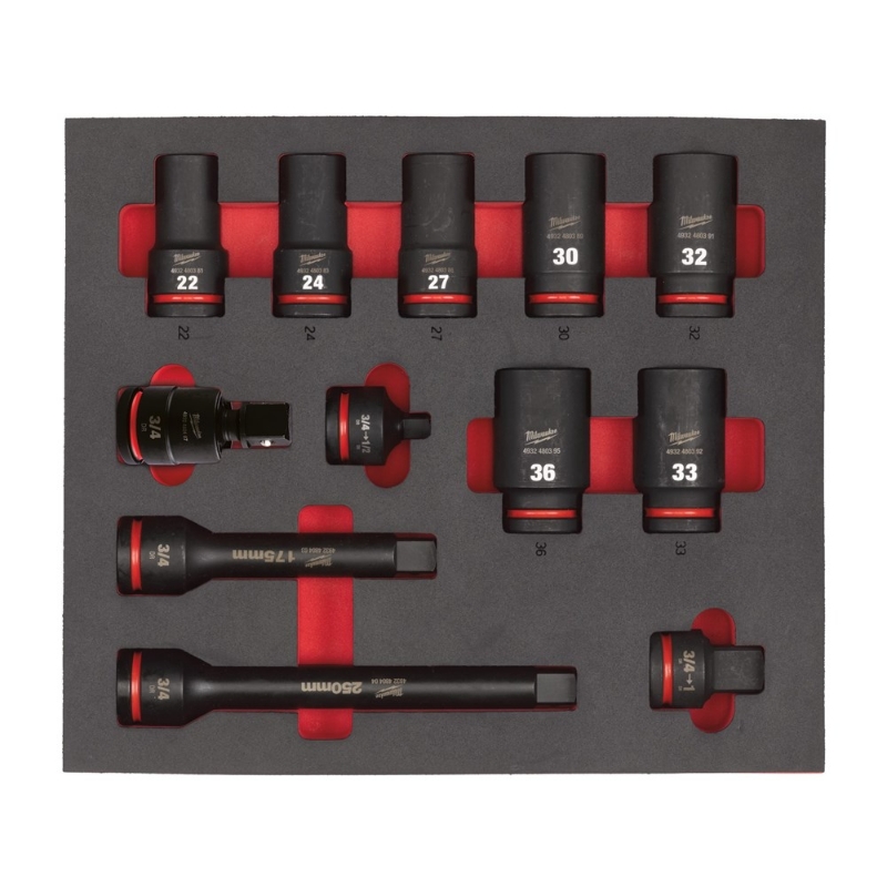 Afbeeldingen van MILWAUKEE® Slagdop SHOCKWAVE 3/4" Lange Doppen in Foam 3/4" Sockets deep foam set 1 (12 pc)