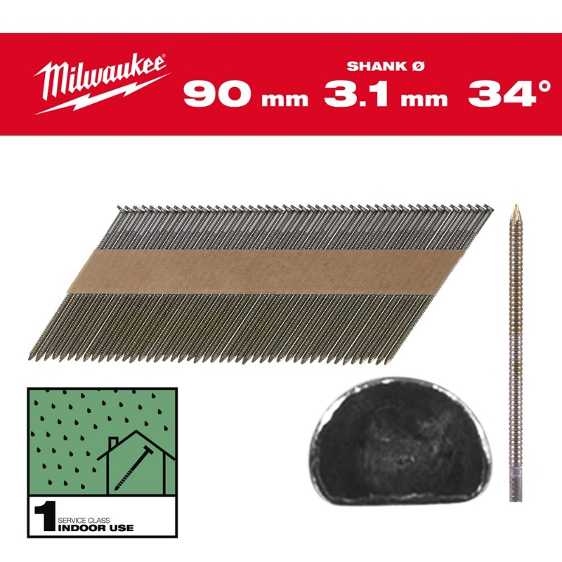 Afbeeldingen van MILWAUKEE® Draadnagels, 34°, D-kop 34° D-Head 90 mm / RS / B / SC1 - 2.200 pc