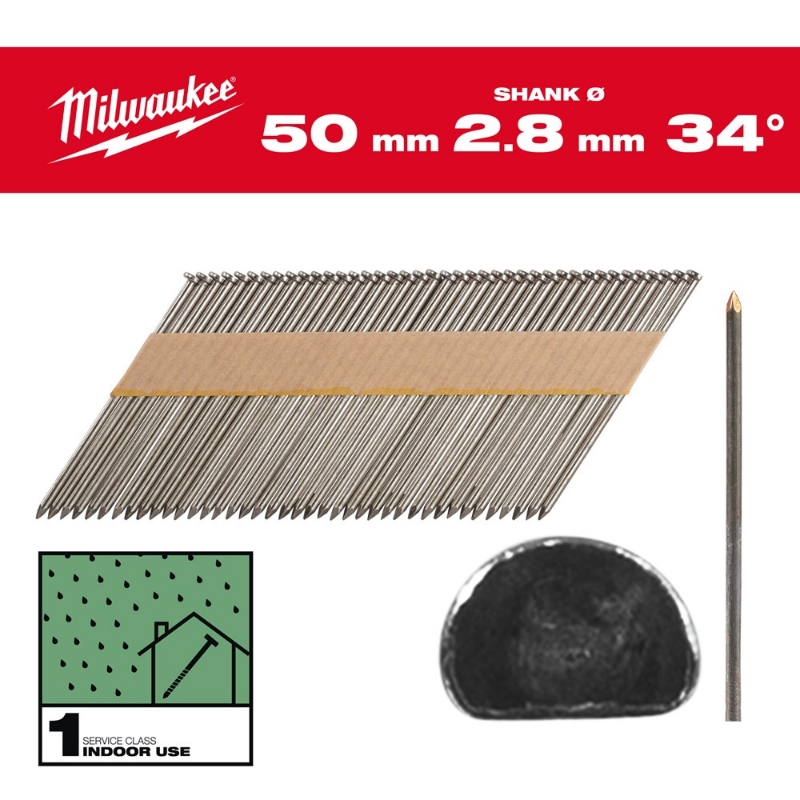 Afbeeldingen van MILWAUKEE® Draadnagels, 34°, D-kop 34° D-Head 50 mm / SS / B / SC1 - 2.200 pc
