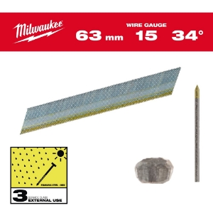 Afbeeldingen van MILWAUKEE® Afwerkspijkers, 15 gauge, 34°, D Head Inox 15G / 34° / 63 mm / SC3 - 2.200 pc