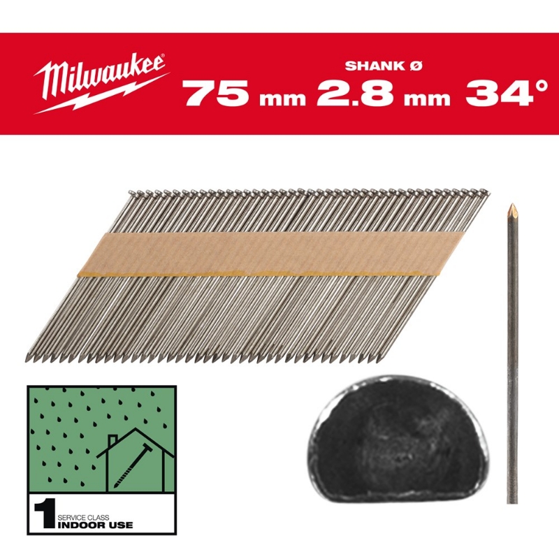 Afbeeldingen van MILWAUKEE® Draadnagels, 34°, D-kop 34° D-Head 75 mm / SS / B / SC1 - 2.200 pc