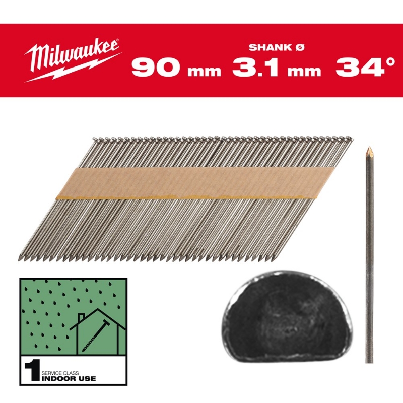 Afbeeldingen van MILWAUKEE® Draadnagels, 34°, D-kop 34° D-Head 90 mm / SS / B / SC1 - 2.200 pc