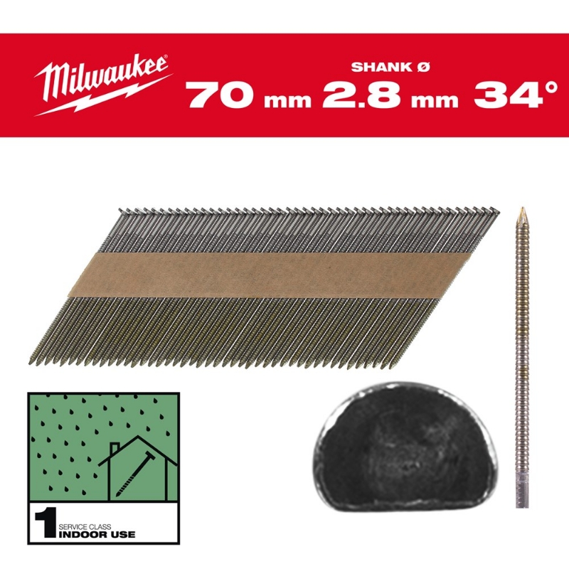 Afbeeldingen van MILWAUKEE® Draadnagels, 34°, D-kop 34° D-Head 70 mm / RS / B / SC1 - 2.200 pc