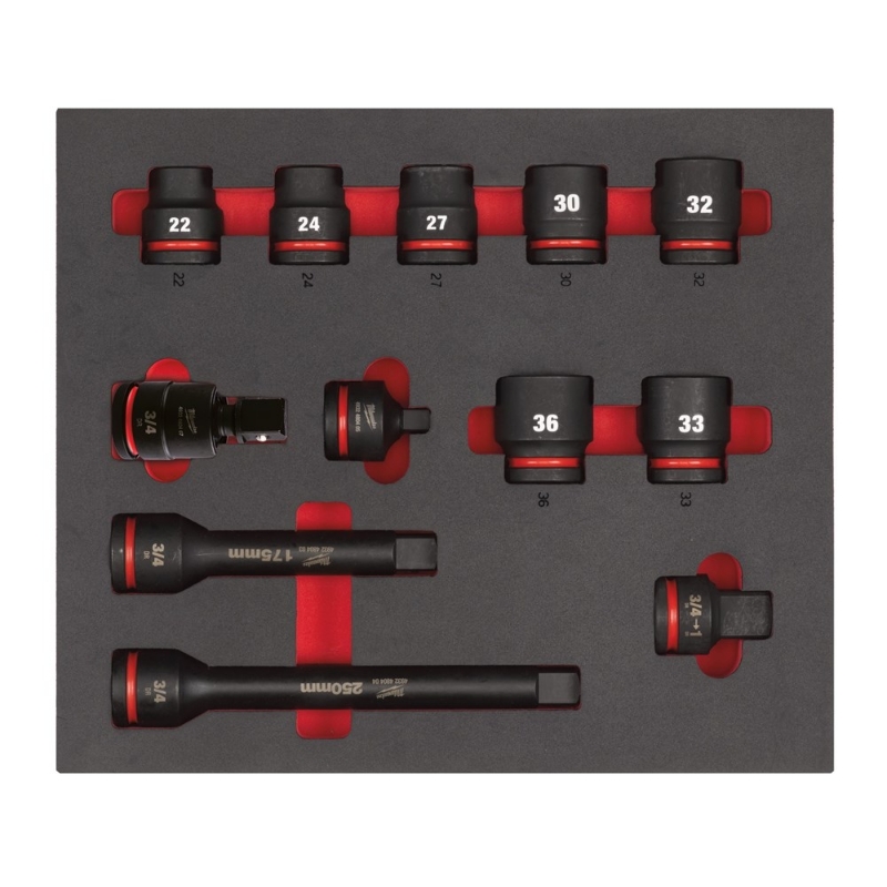 Afbeeldingen van MILWAUKEE® SHOCKWAVE 3/4" Korte Doppen in Foam 3/4" Sockets STD foam set 1 (12 pc)