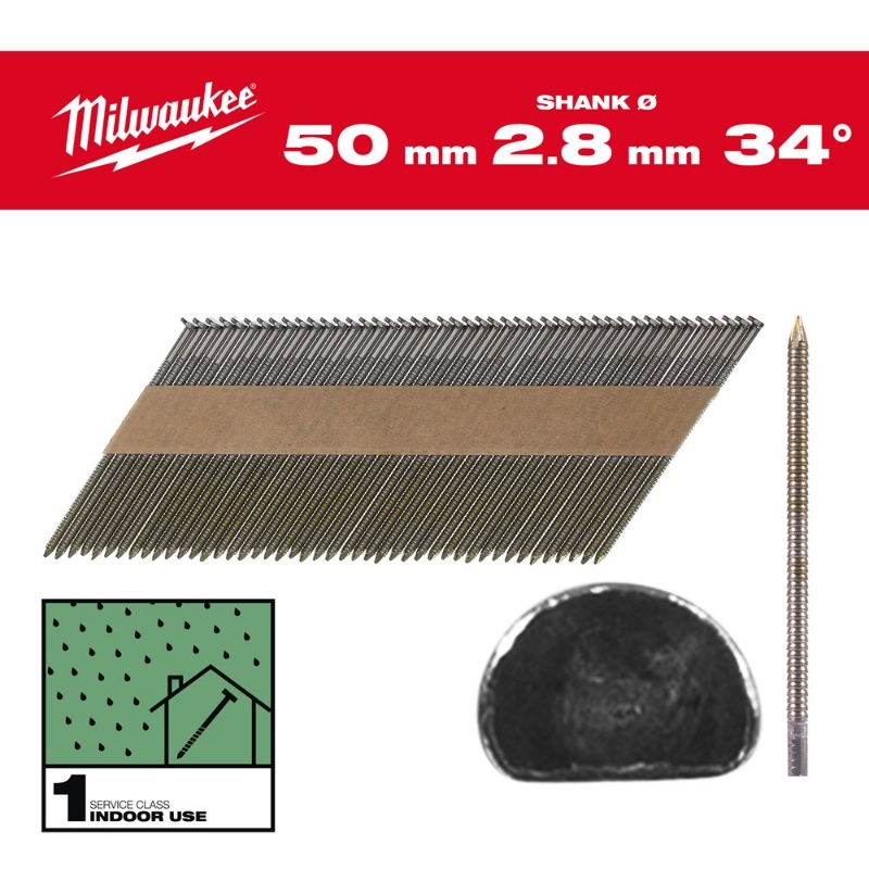 Afbeeldingen van MILWAUKEE® Draadnagels, 34°, D-kop 34° D-Head 50 mm / RS / B / SC1 - 2.200 pc