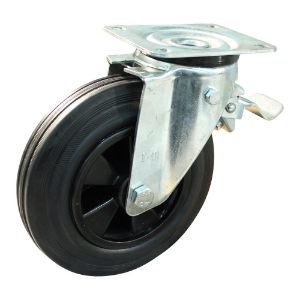 Afbeeldingen van Novio Transportwiel (zwenk) met plaatbevestiging met stalen gaffel, wiel met PP velg, standaard zwarte rubberen band Serie 01-11