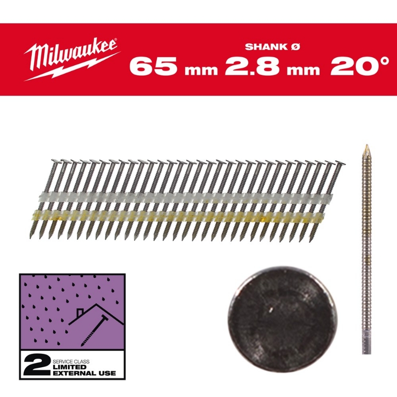 Afbeeldingen van MILWAUKEE® Draadnagels, 20°, ronde kop 20° Round Head 65 mm / RS / G / SC2 - 2.000 pc